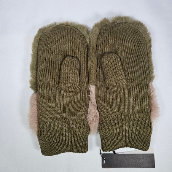 SHACI Women's Faux Fur Trim Knit Mittens Warm Winter Gloves Olive Beige NWT - Picture 2 of 4